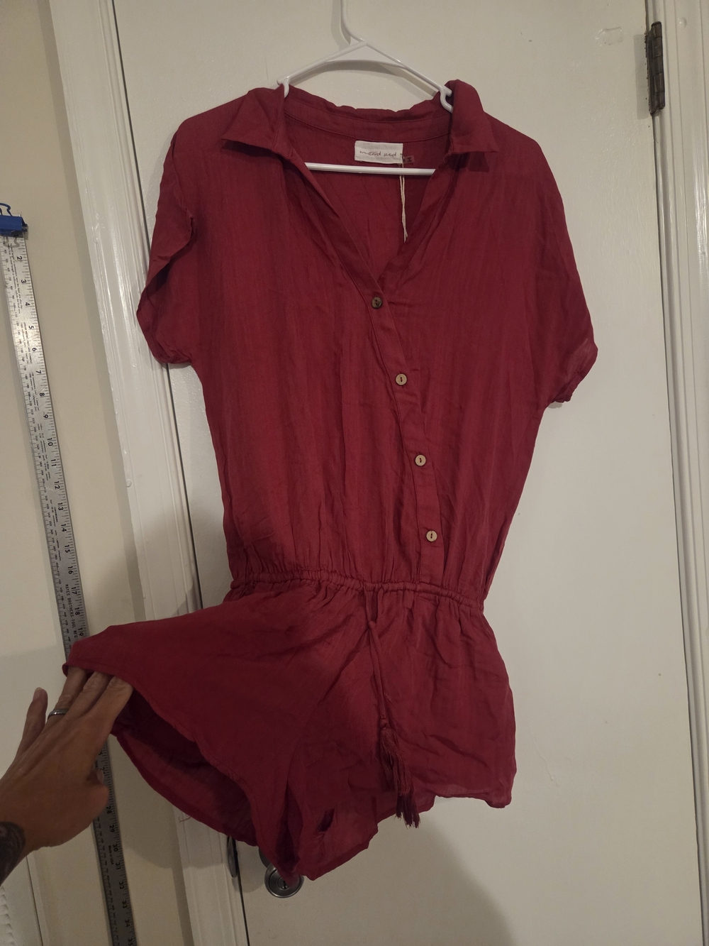 Mustard Seed Short Sleeve Red Button-Front Romper with Drawstring - Picture 2 of 5